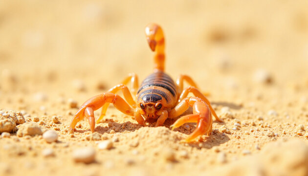 Vibrantly marked deathstalker scorpion on desert sand, nature's detail