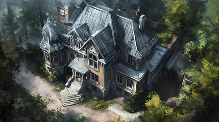 Stunning aerial view: mansard roof, metal siding, dormer windows, rain gutters accentuate this home's exterior. Moonshard. Illustration