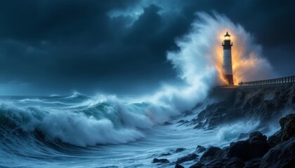 Lighthouse Standing Firm Against a Powerful Storm with Crashing Waves Under a Dark Sky