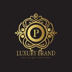 Letter Luxury brand logo design with a royal gold crown emblem and elegant typography
