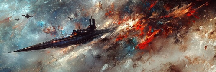 Naklejka premium Spaceship battle, nebula background, cosmic flight, artwork