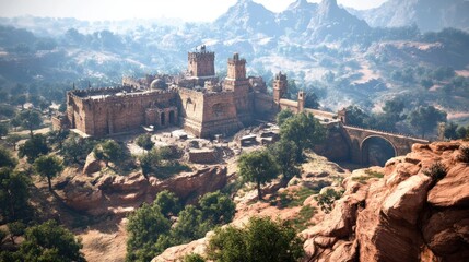 Naklejka premium Majestic Fortress Overlooking a Vast Desert Landscape with Rugged Mountains in the Background