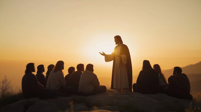 Jesus delivers gospel teaching to followers on mountaintop at sunrise. Group listens attentively to spiritual leader. Biblical scene evokes serenity, faith. Image suitable for religious publications,
