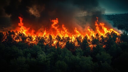 Aerial view of wildfire engulfing a forest.