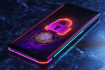 Mobile phone security concept illustrated with glowing fingerprint scan, padlock. Futuristic design shows modern smartphone with neon lines. Secure access represented by biometric scan. Advanced