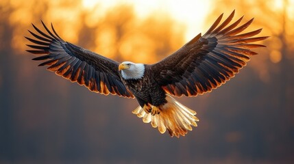 Naklejka premium Bald eagle flying, golden sunset, blurred trees; for wildlife, nature, animal backgrounds