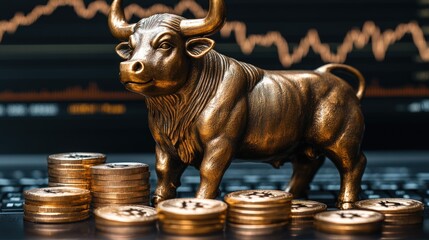 Bronze bull figurine on laptop with gold coins, stock market graph background.