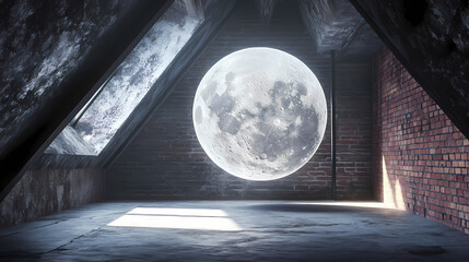 Urban contemporary modern scandinavian loft living room interior design on attic with gray and red brick wall. 3d rendering. Moonshard. Illustration