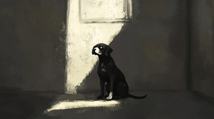 Contemplative dog sitting by a window, bathed in soft light streaming through, creating a serene and introspective mood in a minimalist interior