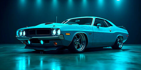 Obraz premium blue beautiful car on black, Generative Ai