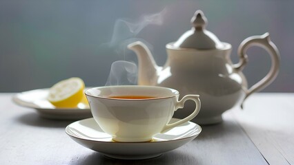A serene scene showcasing a steaming cup of tea, a classic teapot, and a lemon slice. Perfect for concepts of relaxation, elegance, and cozy moments.