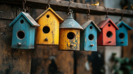 Colorful birdhouses hanging on a wooden railing in a vibrant outdoor setting