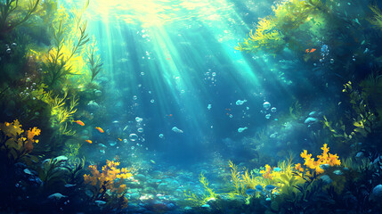 Obraz premium A Majestic Underwater Kelp Forest Surrounded by Diverse Marine Life and Sunlit Ocean Currents