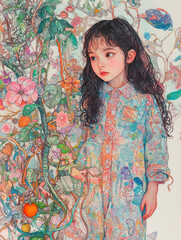 girl in colorful pajamas stands beside vibrant flowers and plants, showcasing whimsical and enchanting atmosphere. intricate details of nature surround her, creating magical scene