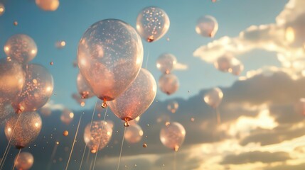 Many translucent rose gold balloons float in a sunny sky with clouds.