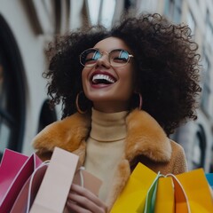 Joyful Black Woman with Shopping Bags in City