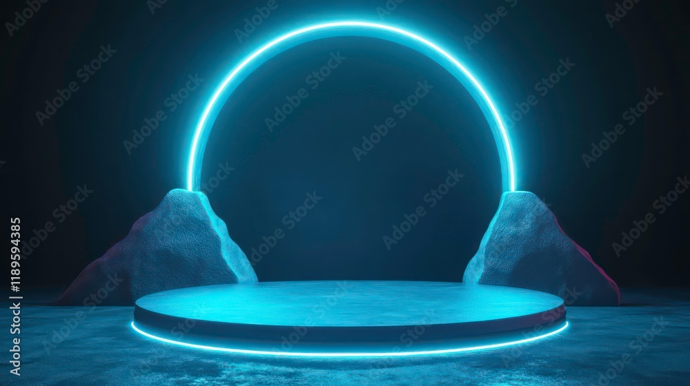 Poster Glowing neon circle backdrop with a round platform between two rocks.