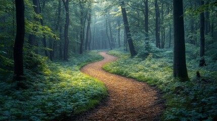 Obraz premium Winding path through a serene forest in early morning light