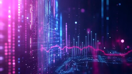 Abstract Futuristic Data Visualization with Pink and Blue Neon Lights, Digital Network Technology Background, Modern Big Data Analytics, Innovative   