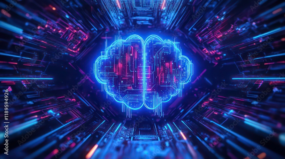 Poster neon brain circuit digital technology concept.