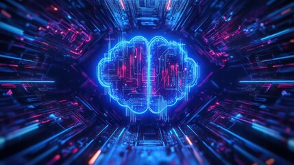 Neon brain circuit digital technology concept.