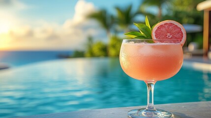 Obraz premium A detailed image of a cocktail on a poolside, garnished with a fruit slice, with a blue water backdrop, capturing a refreshing Labor Day ambiance
