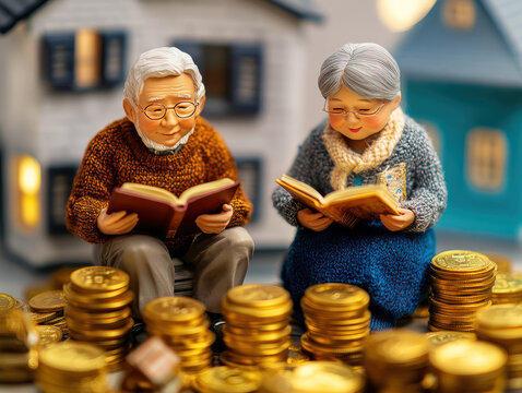 cozy miniature scene of elderly couple reading books surrounded by stacks of gold coins, evoking warmth and nostalgia