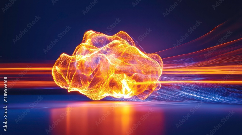 Poster Abstract fiery cloud-like form with light trails on dark background.