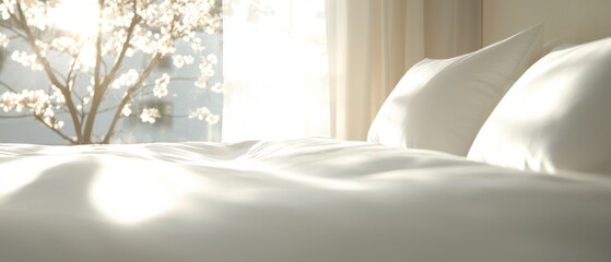 Close-up of a bed with white sheets and two white pillows. the bed is in front of a window with sheer curtains. the sunlight is shining through the curtains, creating a soft glow on the bed.