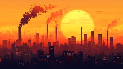 Obraz premium Fiery Sunset over Industrial Cityscape: Dramatic Orange and Black Silhouette of Buildings, Factories, and Smoky Skies at Dusk. Pollution, Urban 