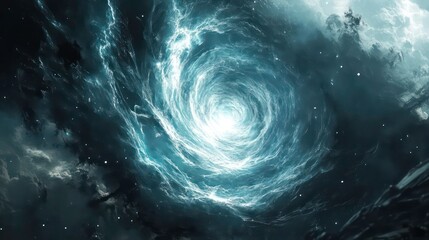 Glowing swirling vortex in dark clouds, cosmic abstract background.