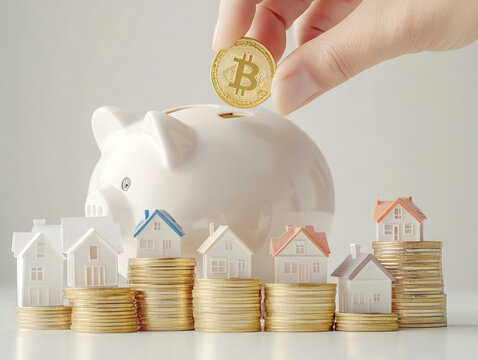 Investing in cryptocurrency and real estate, hand places Bitcoin coin into piggy bank surrounded by miniature houses and stacks of coins, symbolizing financial growth and diversification