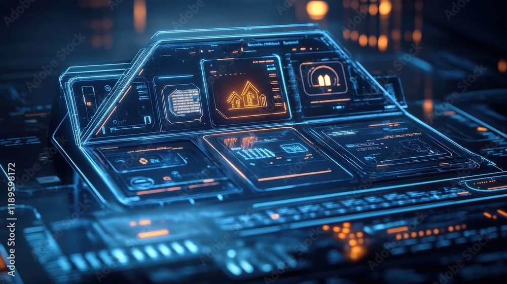 Poster this futuristic holographic interface showcases various modules for managing digital systems, featur