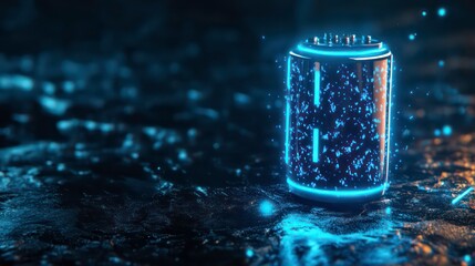 Glowing futuristic energy cell on dark surface.