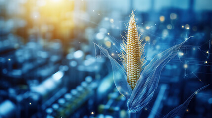 Corn Ear Symbol Positioned on a Food Processing Plant Blueprint, Showcasing Sustainability and Innovation in Agricultural Production