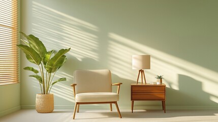 Cozy interior design. Room with warm lighting, calming ambience. Comfortable chair, wooden side table near big plant. Natural light creates soft shadows. Ideal for peaceful therapy office stylish