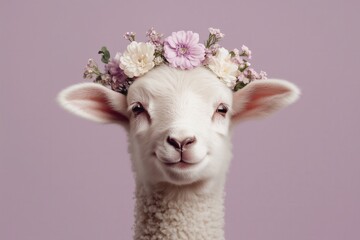 real Easter lamb wearing a flowercrown made with spring flowers, pastel purple color background...