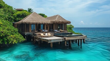 Luxurious oceanfront resort with thatched roofs and stunning turquoise waters in a tropical paradise
