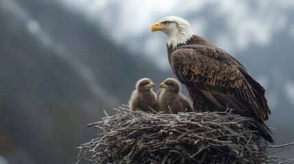Majestic eagle guarding eaglets in mountain nest