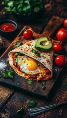 Delicious breakfast quesadilla with egg, salsa, and avocado.
