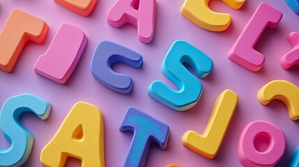 Colorful sponge letters arranged on a pink background for creative decoration and learning