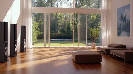 Fototapeta premium Modern Living Room with Floor Speakers and Pool View