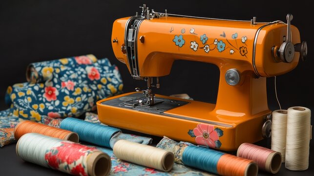 Vintage orange sewing machine with colorful threads and floral fabric pieces on a dark background
