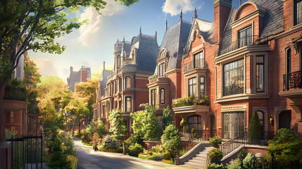Naklejka premium Luxurious brick townhouses with mansard roofs, balconies, and landscaped gardens. Moonshard. Illustration
