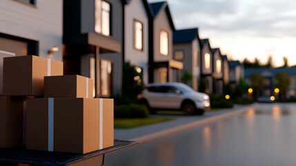 Obraz premium A delivery truck unloading packages in a residential neighborhood.