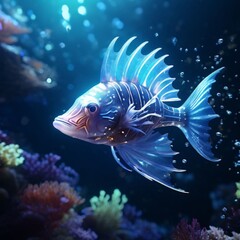 Fototapeta premium 3d illustration of a blue fish in coral reef