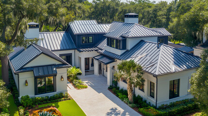 Metal roof, mansard style, dormer windows, and rain gutters define this home's striking aerial exterior. Moonshard. Illustration