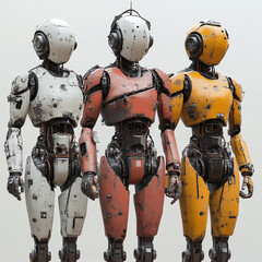 Naklejka premium Group of futuristic humanoid robots with sleek mechanical designs and vibrant orange and white accents, showcasing advanced technology and innovation in a structured formation