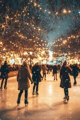 Obraz premium People ice skating at night under a snowy, twinkling tree