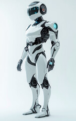 Group of futuristic humanoid robots with sleek mechanical designs and vibrant orange and white accents, showcasing advanced technology and innovation in a structured formation